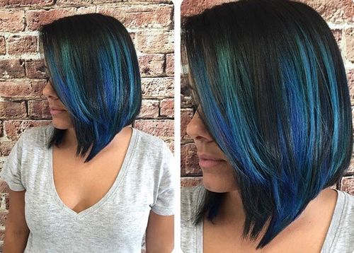 black lob hairstyle with bright blue balayage 