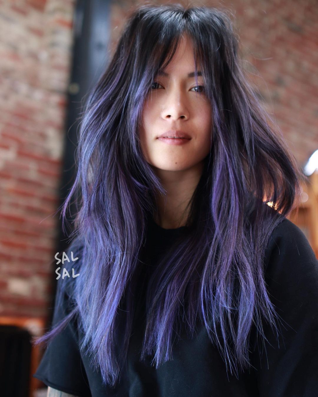 Black Long Hair with Vibrant Purple Highlights