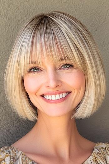 Blonde Wispy Bob with Bangs Haircut on a smiling woman with blonde hair.