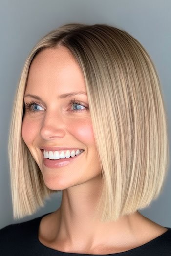 Blunt Blonde Bob with Dark Roots Hairstyle on a smiling woman with blonde hair.