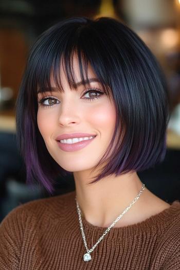 Blunt Bob with Piecey Bangs and Purple Tips Haircut on a smiling woman with black hair and purple tips.