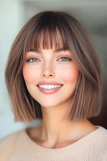 Blunt Bob with Piecey Bangs Haircut on a smiling woman with brown hair.