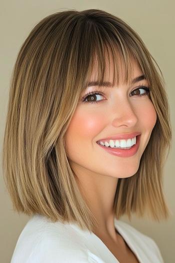 Blunt Long Bob with Wispy Bangs Haircut on a smiling woman with brown hair and lighter ends.