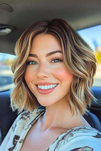 Blunt Wavy Highlighted Bob Haircut on a smiling woman with brown hair and blonde highlights.