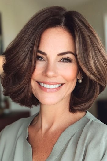 Bouncy Layered Bob Haircut on a smiling woman with brown hair.