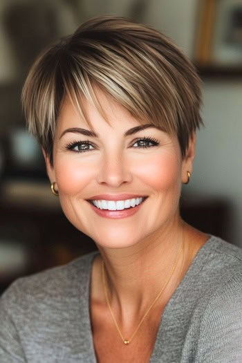 Bowl Cut Pixie Haircut on a smiling woman with brown hair and blonde highlights.