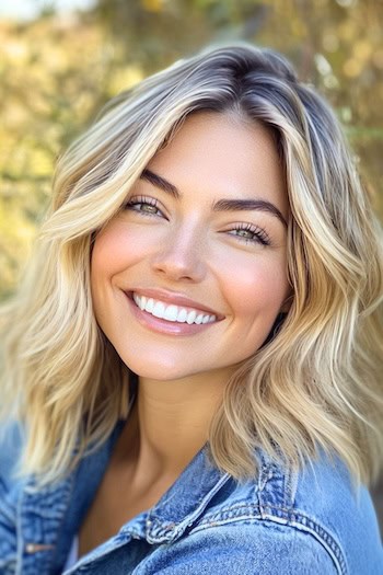 Buttery Blonde Textured Lob (Long Bob) Hairstyle on a smiling woman with blonde hair.