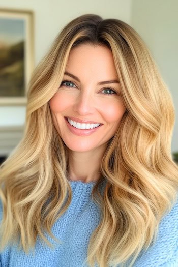 Buttery Blonde Waves for Thick Hair Hairstyle on a smiling woman with blonde hair.