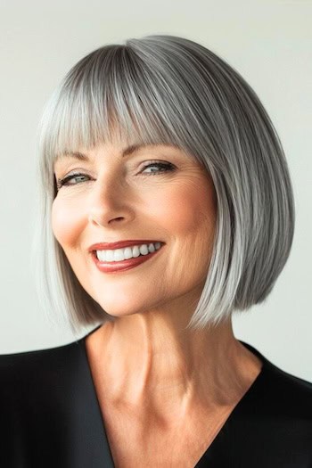 Chin-Length Blunt Bob with Bangs Haircut on a smiling woman with gray hair.