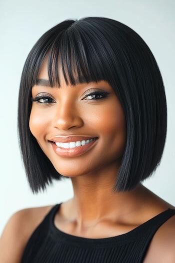 Chin-Length Blunt Bob with Piecey Bangs Haircut on a smiling woman with black hair.