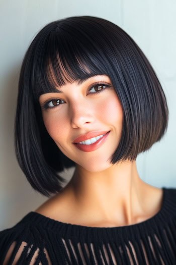 Chin-Length Bob with Blunt Bangs Haircut on a smiling woman with dark brown hair.