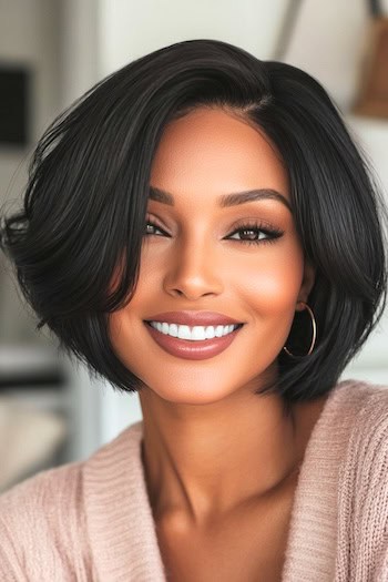 Chin-Length Bob with Side Part Haircut on a smiling black woman with dark brown hair.