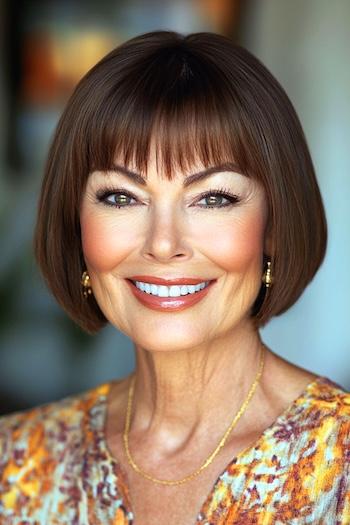 Chin-Length Rounded Bob with Piecey Bangs Haircut on a smiling woman with brown hair.