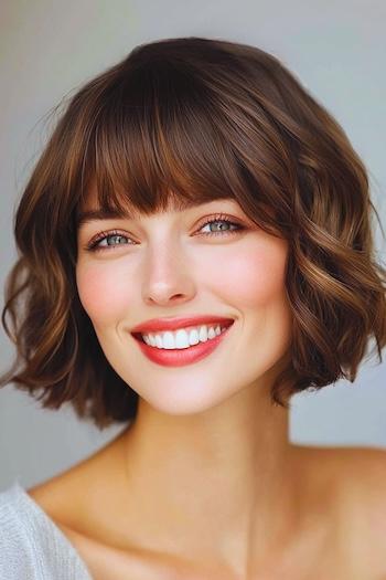 Chin-Length Wavy Bob with Bangs Haircut on a smiling woman with brown hair.