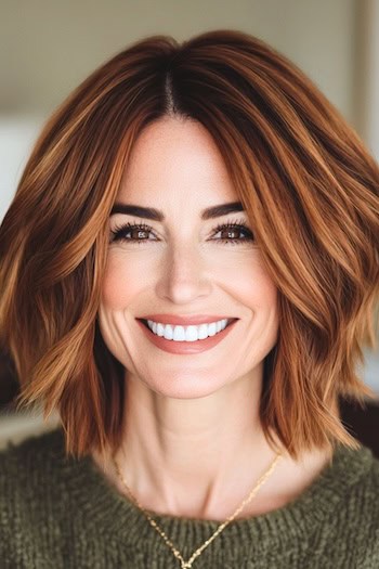 Choppy Layered Long Bob Haircut on a smiling woman with auburn brown hair.