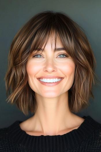 Choppy Long Bob With Bangs Haircut on a smiling woman with brown hair.