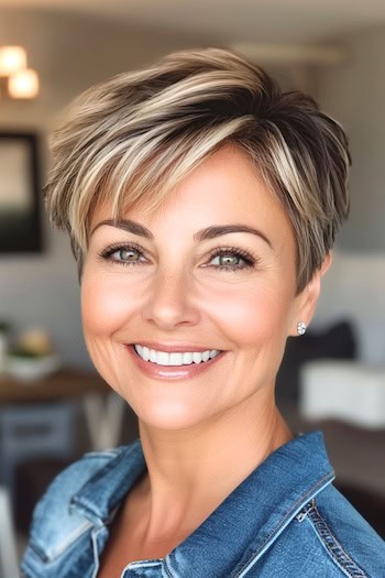 Choppy Pixie with Contrasting Highlights Haircut on a smiling woman with brown hair and blonde highlights.