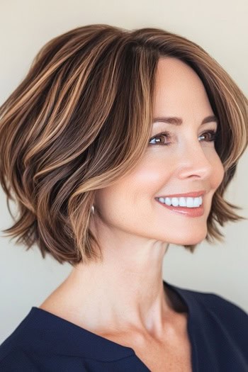 Choppy Wavy Bob with Highlights Haircut on a smiling woman with brown hair and blonde highlights, side view.