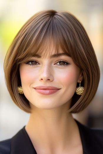 Classic Bob with Wispy Bangs Haircut on a smiling woman with brown hair.