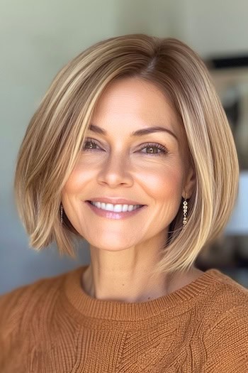 Classic Sleek Bob Haircut on a smiling woman with light brown hair with caramel highlights.