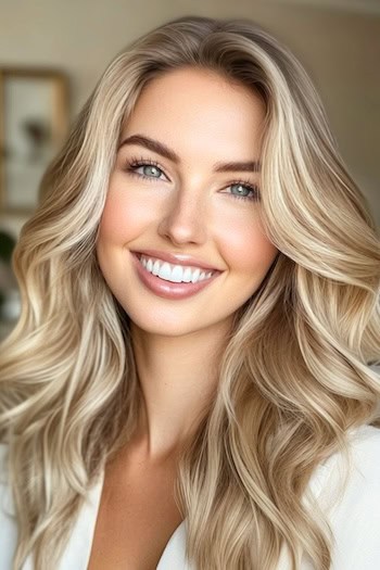 Creamy Blonde Voluminous Waves Hairstyle on a smiling woman with blonde hair.