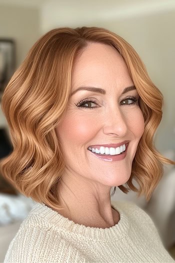 Cropped Cinnamon Blonde Waves Hairstyle on a smiling woman with blonde hair.