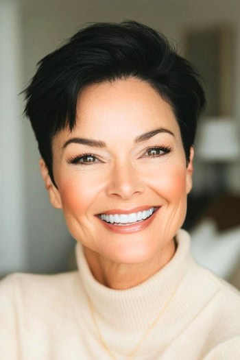 Cropped Tapered Pixie Haircut on a smiling older woman with very short black hair.