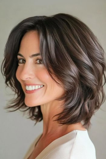 Curled Layered Long Bob Haircut on a smiling woman with brown hair, side view.