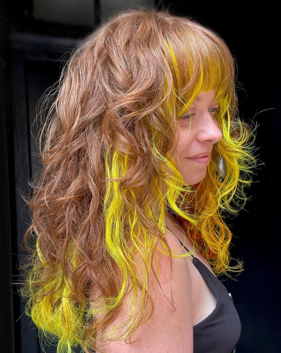 Curly Brown Mane with Yellow Color Block