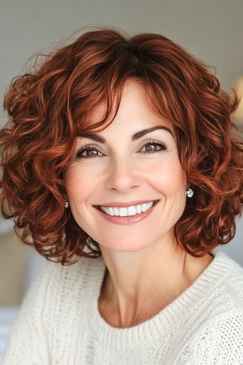 Curly Layered Bob Haircut on a smiling woman with copper red hair.