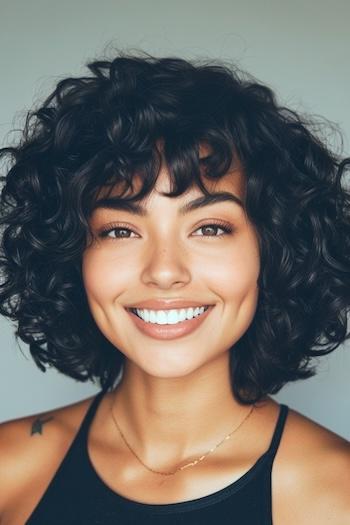 Curly Layered Bob with Bangs Haircut on a smiling woman with black-brown hair.