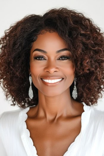 Curly Long Bob Haircut on a smiling black woman with brown hair.