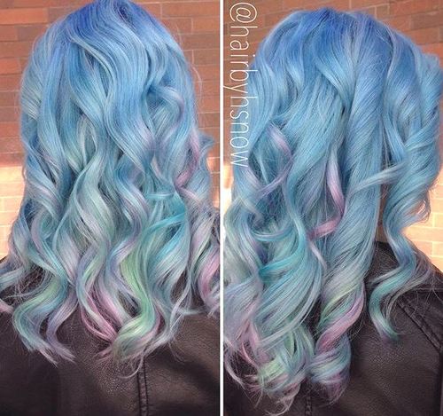 curly pastel blue hairstyle with lavender highlights