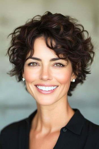 Curly Pixie Haircut on a smiling woman with brown hair.