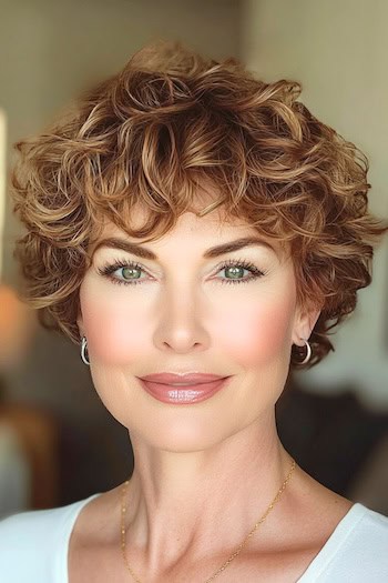 Curly Pixie with Bangs Haircut on a smiling woman with brown hair.