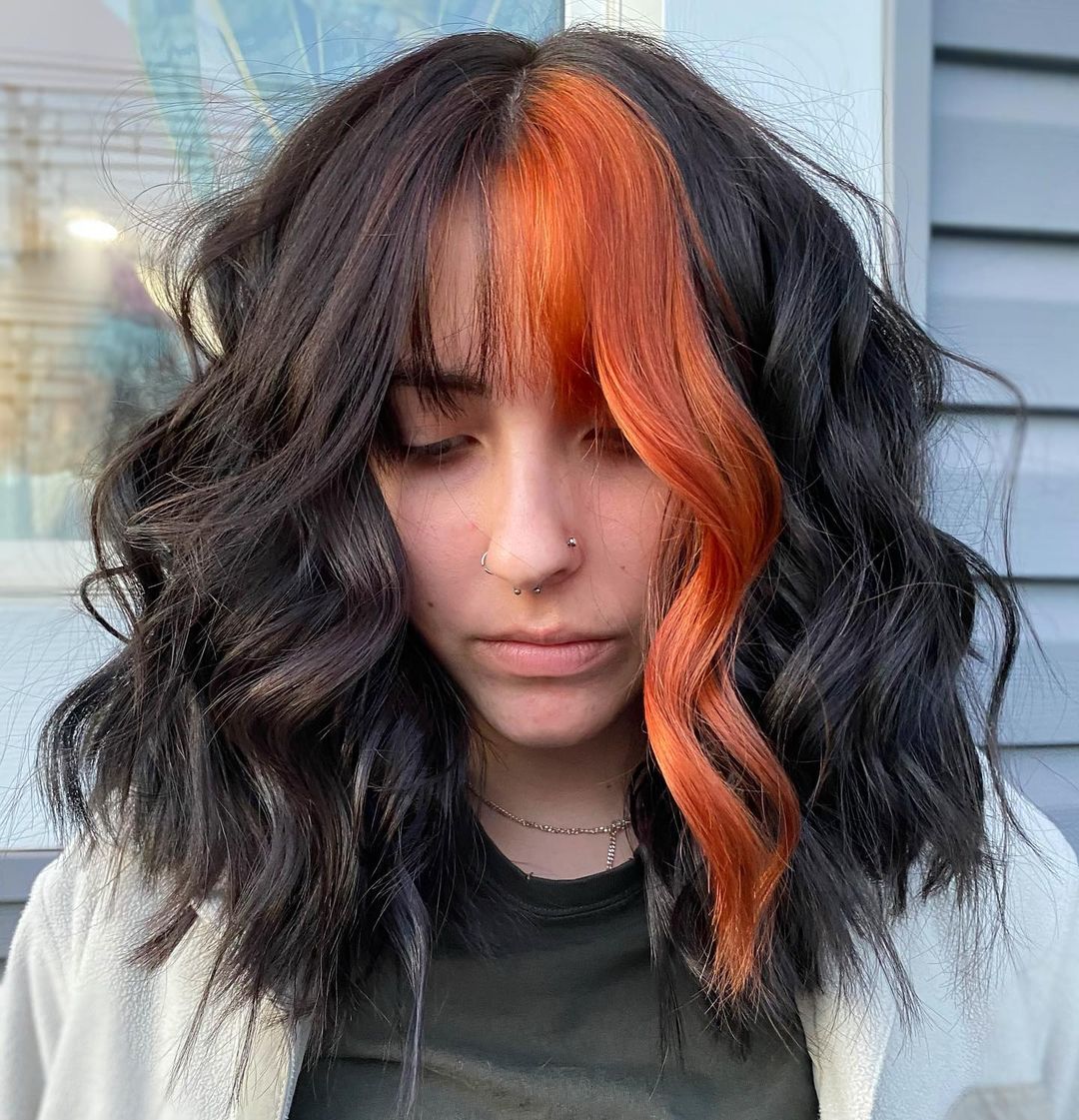 Dark Hair with Vivid Orange Color Block