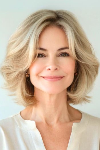 Face-Framing Layered Long Bob Haircut on a smiling woman with blonde hair.