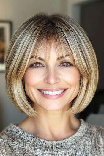 Face-Framing Rounded Bob with Bangs Haircut on a smiling woman with blonde hair.