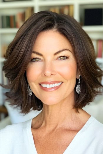 Feathered Bob Haircut on a smiling woman with brown hair.