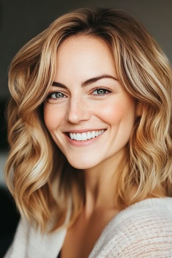 Golden Caramel Blonde Waves with Highlights Hairstyle on a smiling woman with deep golden blonde hair.