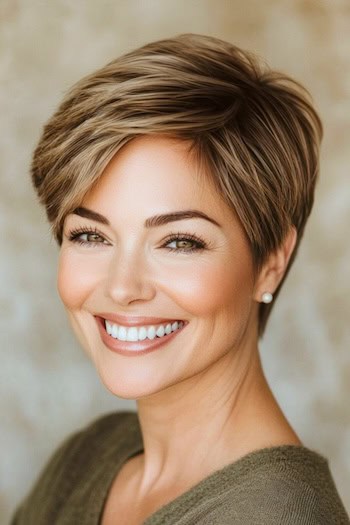 Highlighted Layered Pixie Haircut on a smiling woman with highlighted brown hair.