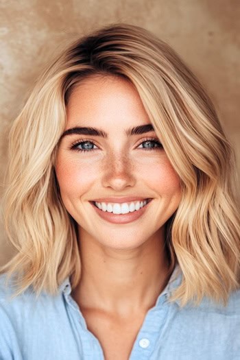 Honey Gold Blonde Shoulder-Length Waves Hairstyle on a smiling woman with blonde hair.