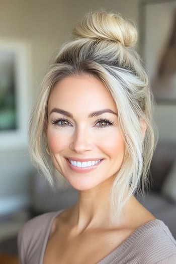 Ice Blonde High Bun with Loose Tendrils Hairstyle on a smiling woman with blonde hair.