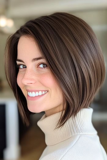 Inverted Bob Haircut on a smiling woman with brown hair.