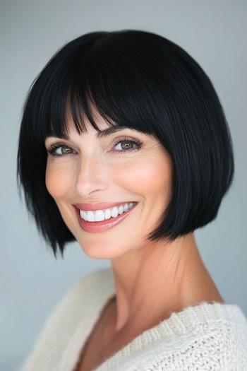 Jaw-Length Bob with Bangs Haircut on a smiling woman with black hair.