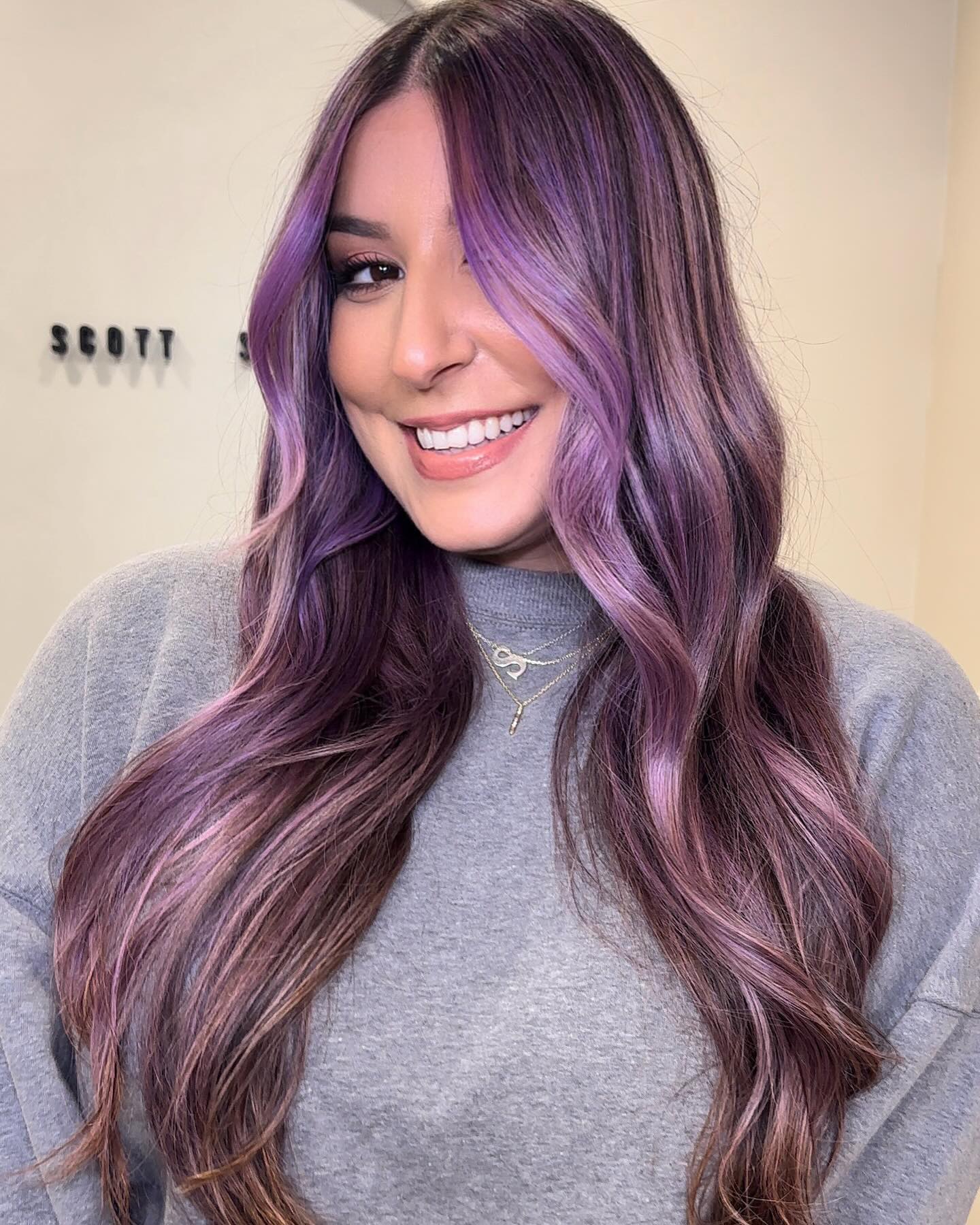 Lavender Money Piece on Long Brown Hair