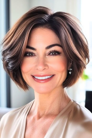 Layered Bob Haircut on a smiling woman with brown hair.