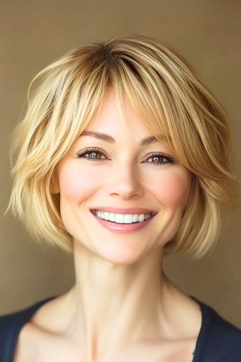 Layered Chin-Length Bob with Bangs Haircut on a smiling woman with honey blonde hair.