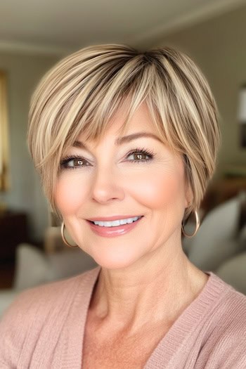 Layered Pixie Bob with Dimensional Highlights Haircut on a smiling older woman with blonde hair and brown roots.