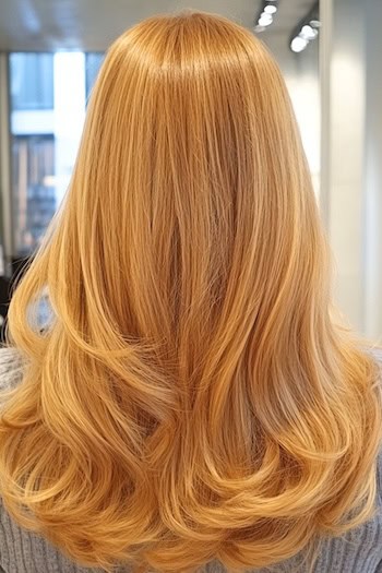 Light Copper Honey Blonde Long Layers Hairstyle on a woman with blonde hair in a hair salon, back view.